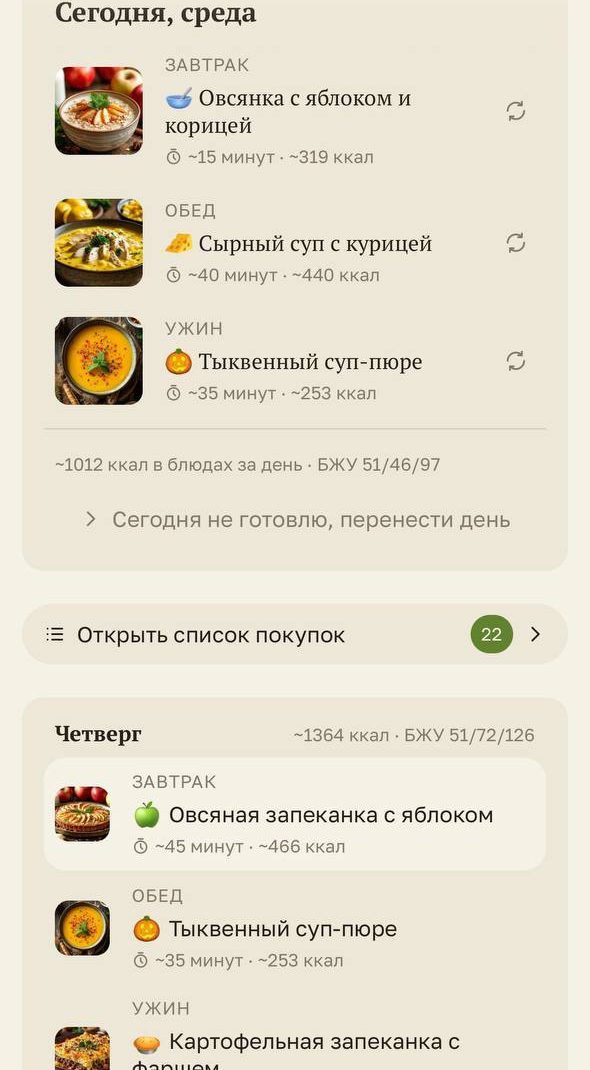 Экран приложения: меню на семь дней, завтрак, обед и ужин на каждый день
